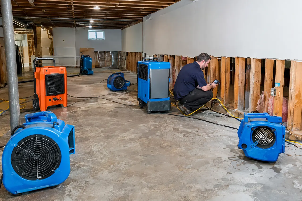 Technician checking wall framing surrounded by industrial air movers