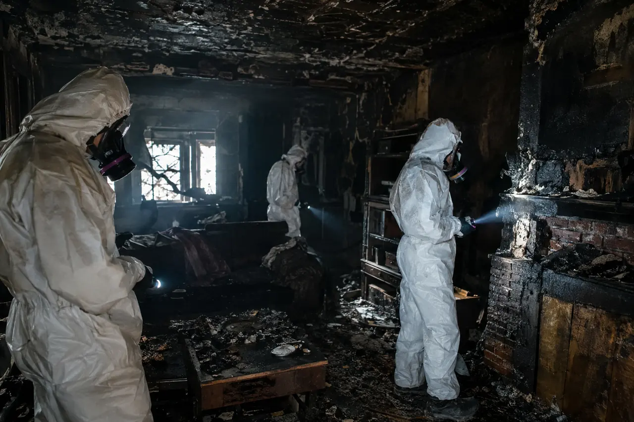 Crew in protective suits assessing a fire-damaged interior