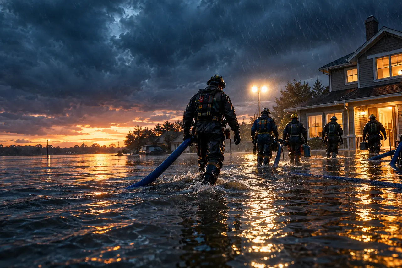 Restoration crew wading through floodwater toward a house