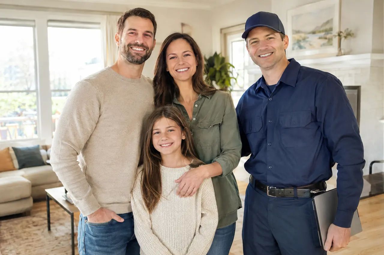 Restoration technician with a smiling family in their restored home