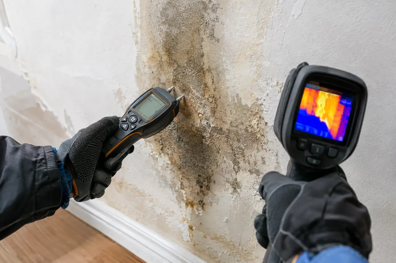 Technician checking a water-stained wall with a moisture meter and thermal camera