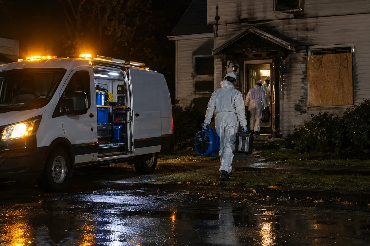 Restore Team 6 crew arriving at a fire-damaged home at night