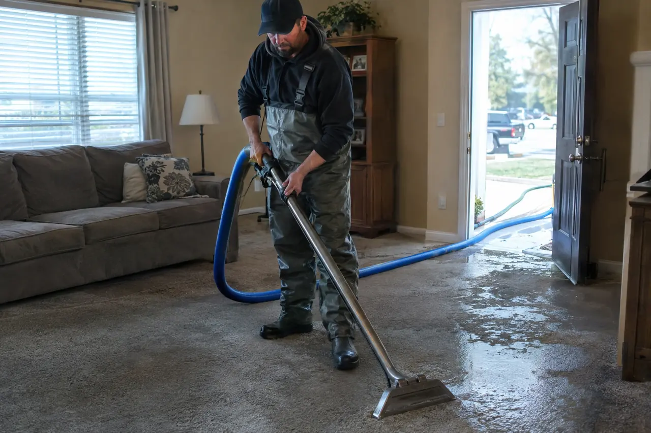 Technician extracting standing water from flooded carpet